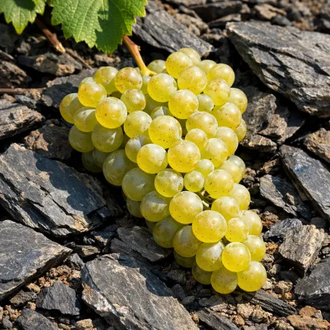 Riesling grapes on slate rock